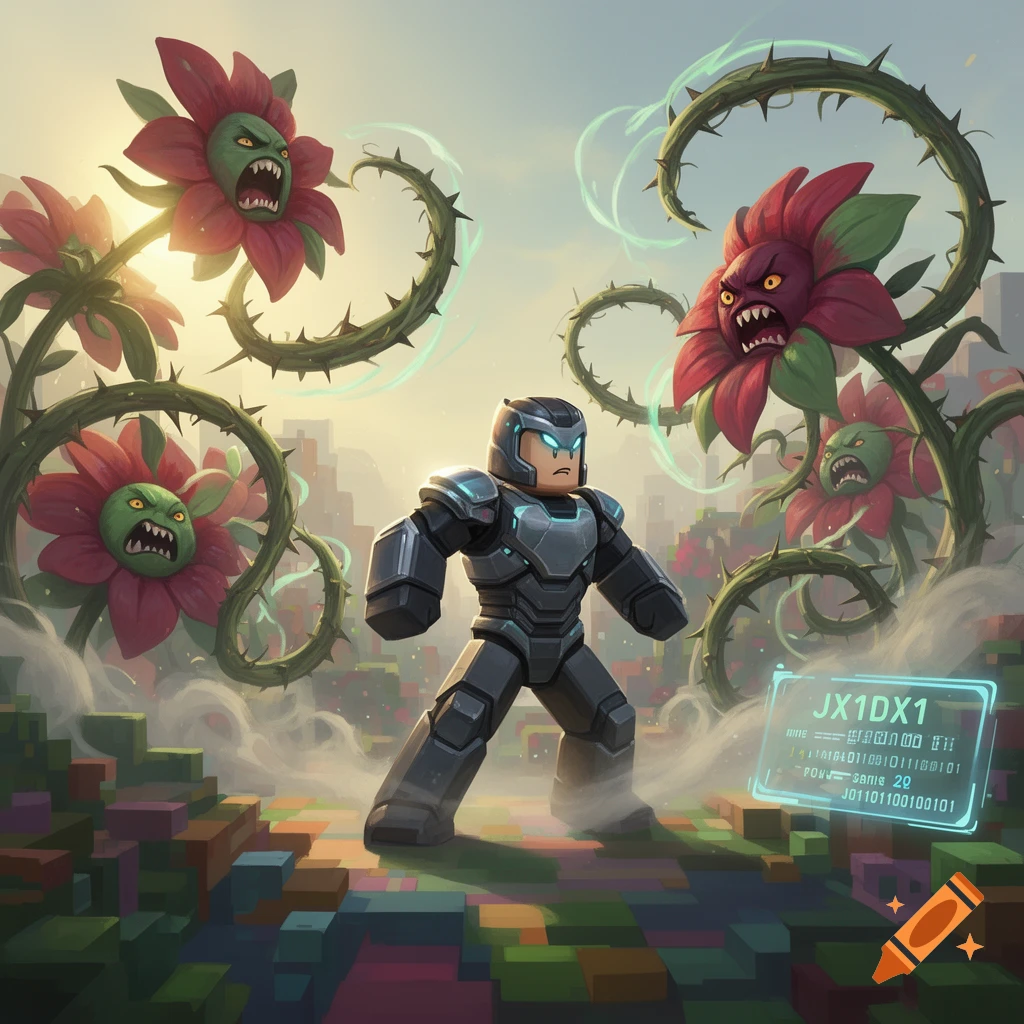 A Roblox-style character in dark power armor stands on a pixelated ground, facing off against large, aggressive red flowers with sharp teeth and thorny vines. A futuristic holographic screen is on the right.