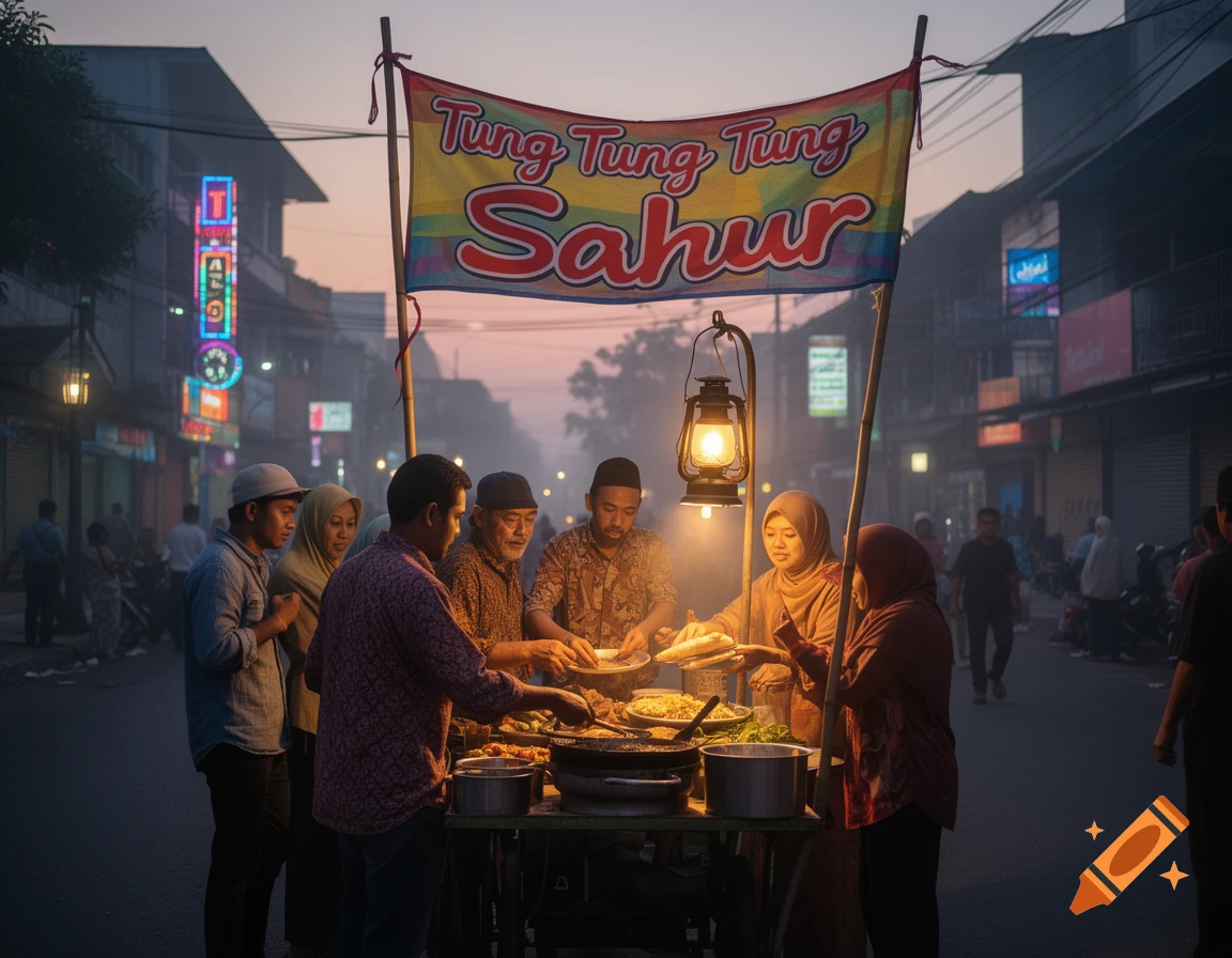 People gathered around a brightly lit street food stall on a city street at dusk, serving and buying food.