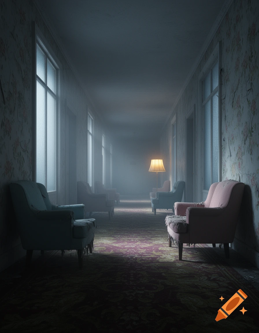 A long, dimly lit, eerie hallway with rows of worn armchairs, faded floral wallpaper, and a single glowing lamp in the foggy distance.
