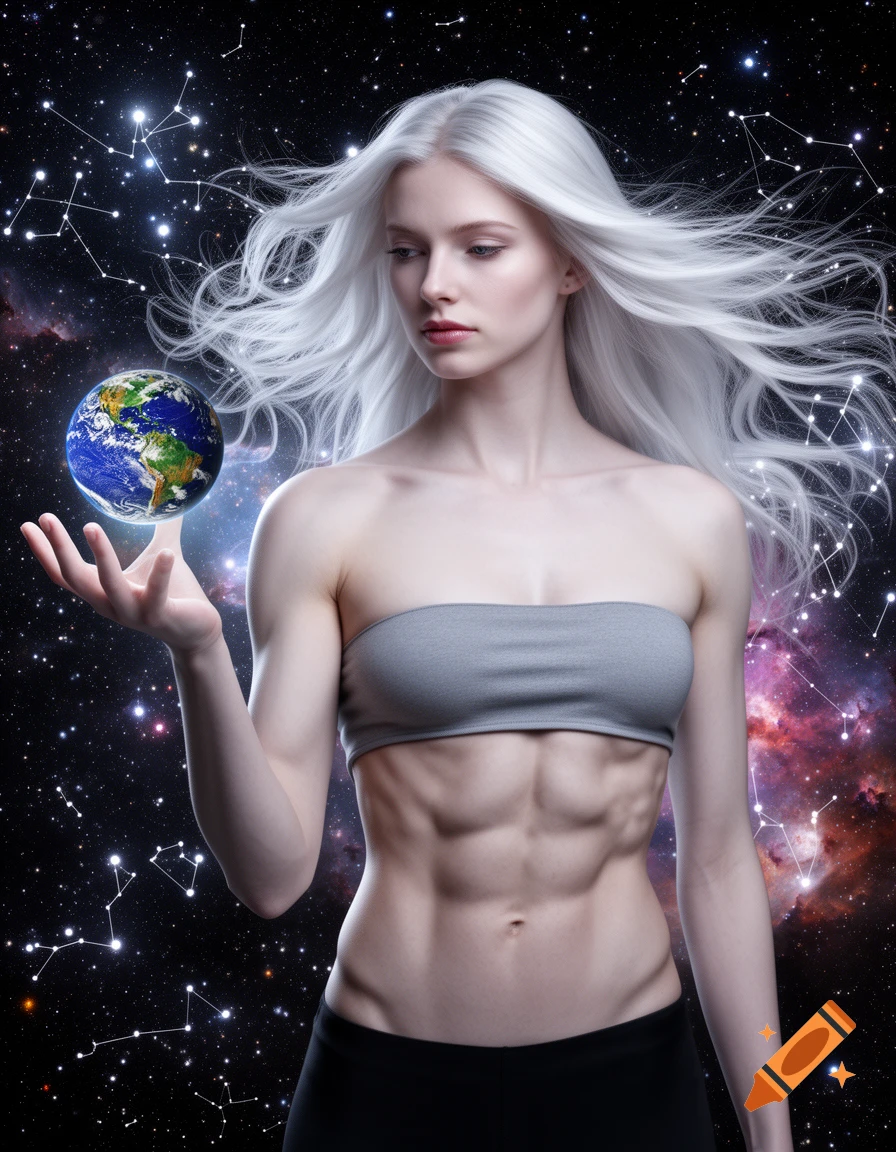 Photorealistic woman with white hair and muscular abs, holding a miniature Earth in space with constellations.