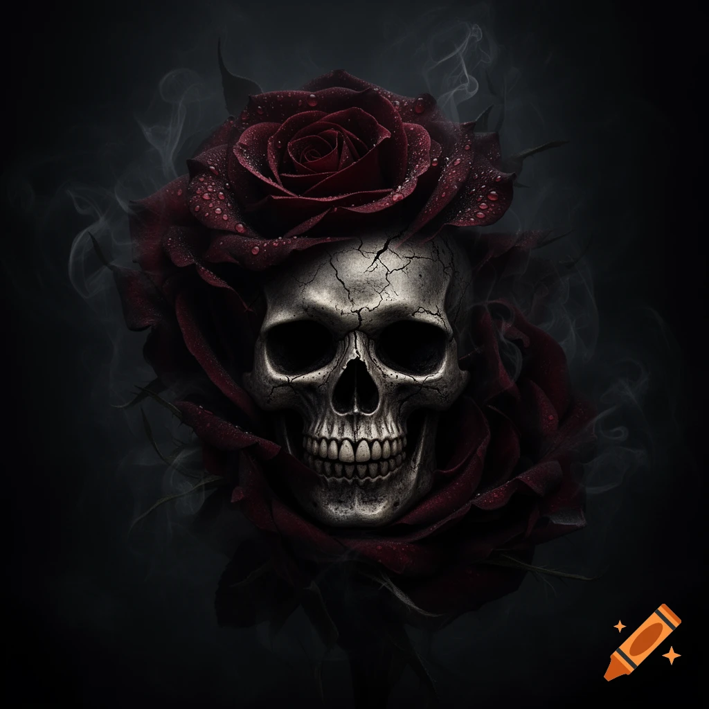 A gothic cracked skull partially surrounded by dark red roses with dew drops and wisps of smoke against a black background.