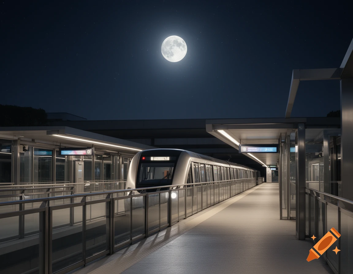 A modern subway train is stopped at a station platform at night, bathed in the light of a large full moon overhead.