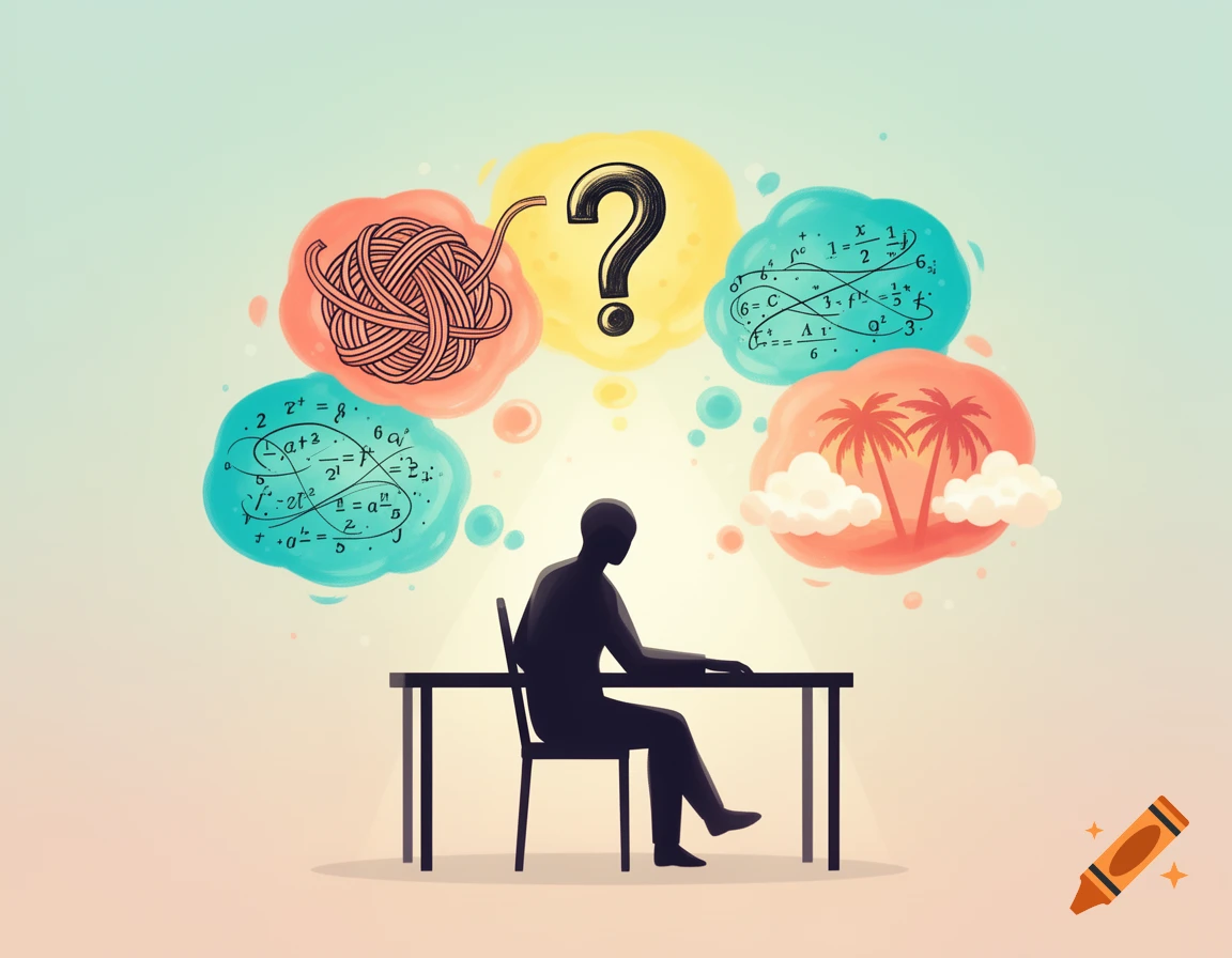 An indistinct person sits at a desk, surrounded by thought bubbles containing a tangled ball of wool, a question mark, math formulas, and palm trees with clouds, in a stylized illustration.