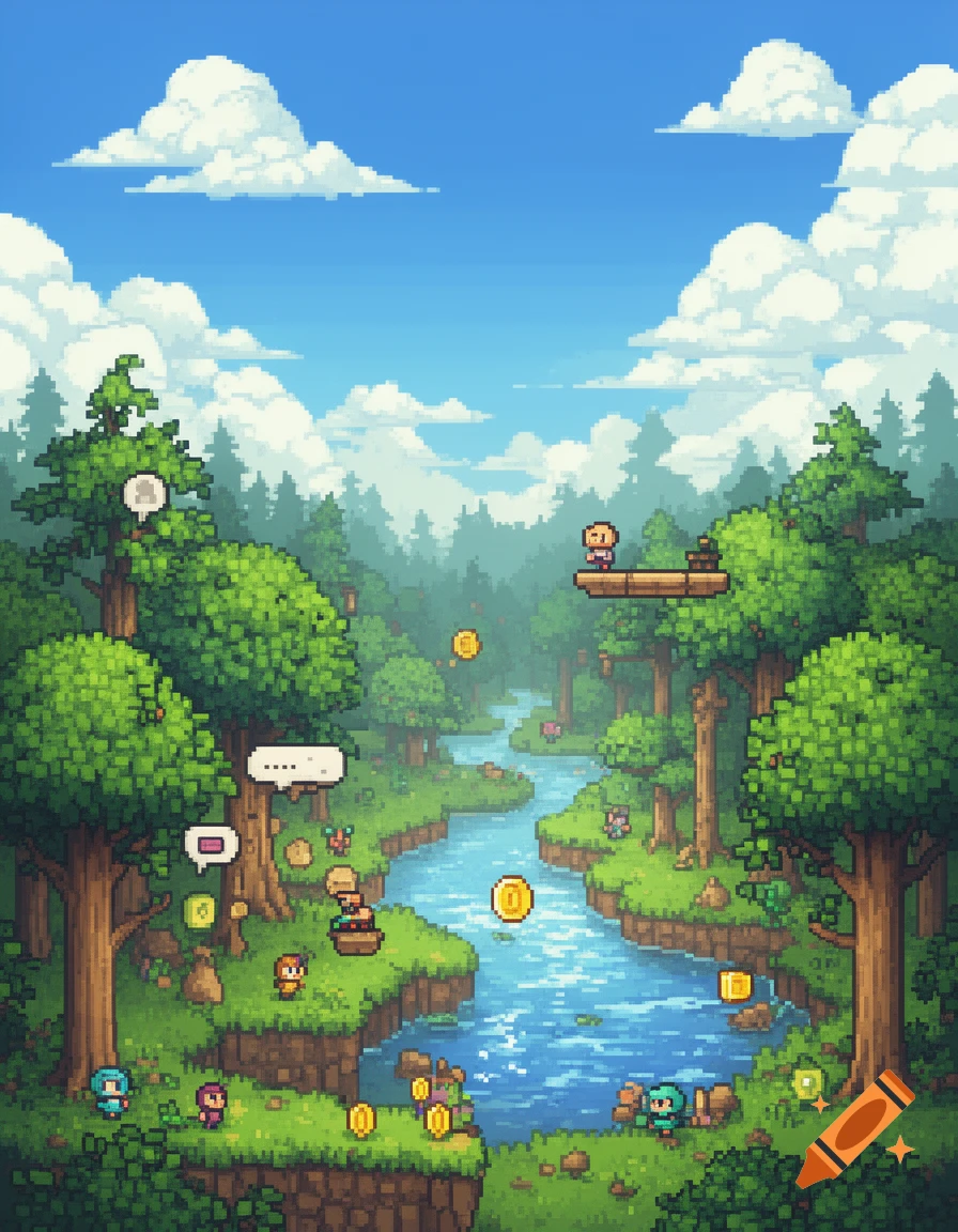 Pixel art 2D side-scrolling game scene with a river, forest, small characters, platforms, and coins.