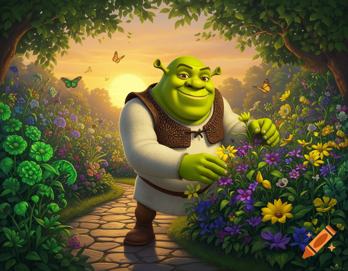 Shrek happily tends to a colorful flower garden along a stone path at sunset, surrounded by lush trees and butterflies.