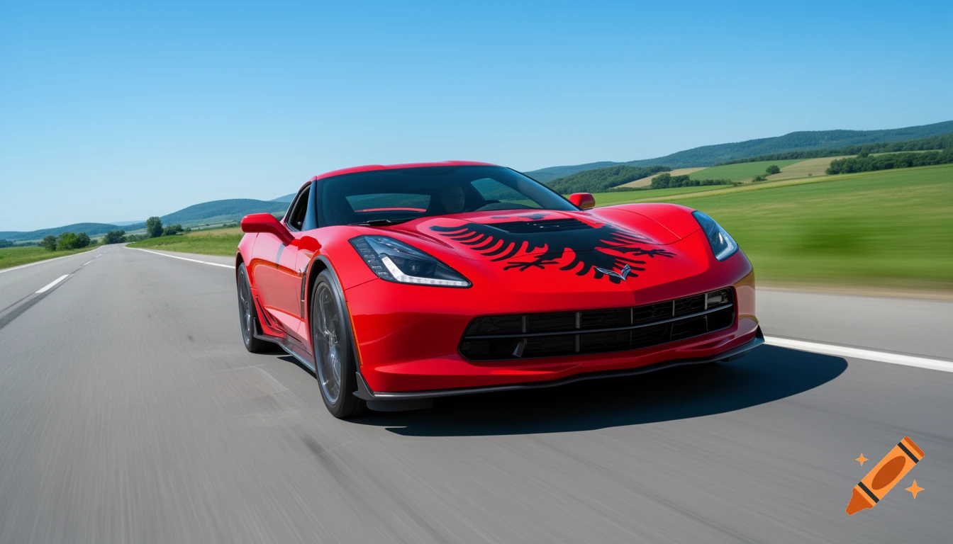 A red Corvette with the black double-headed eagle of the Albanian flag on its hood drives on a road through a green landscape under a blue sky.