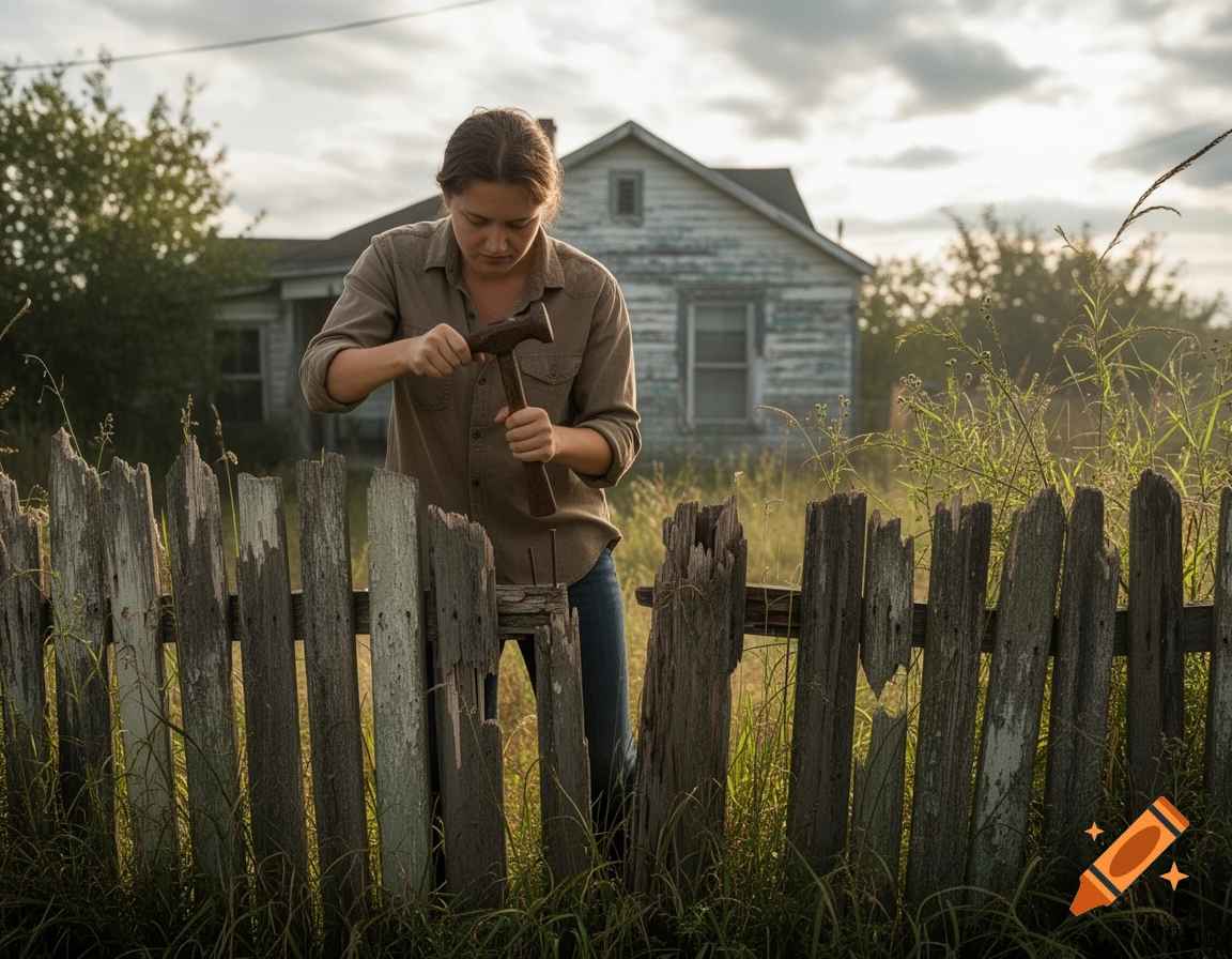 A person in work clothes uses a hammer to fix an old wooden fence in an overgrown yard in front of a dilapidated house, photorealistic.