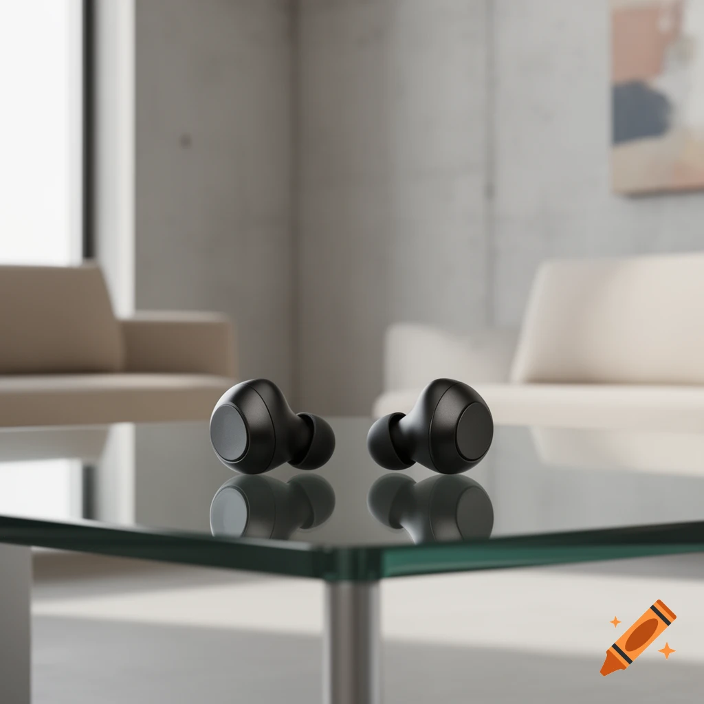 Two black wireless earbuds rest on a reflective glass table in a bright, modern living room.