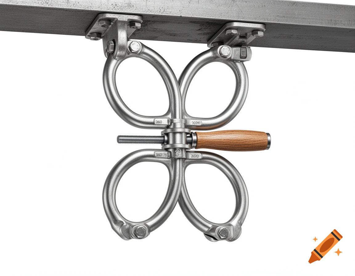 Close-up photorealistic image of a steel double-loop toggle mechanism with a wooden handle, bolted to a steel beam, against a white background.