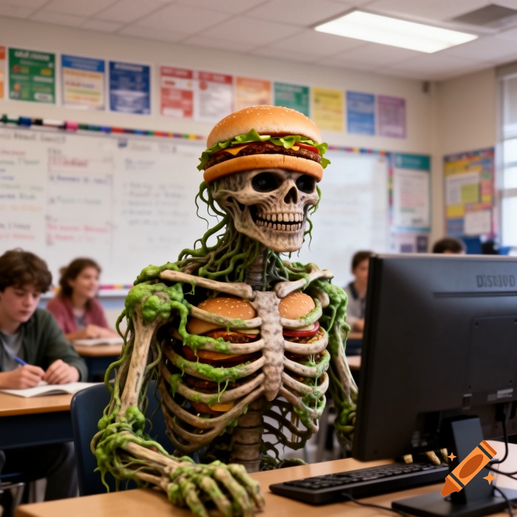 A skeleton creature covered in green moss and burgers sits at a desk in a classroom, looking at a computer screen.