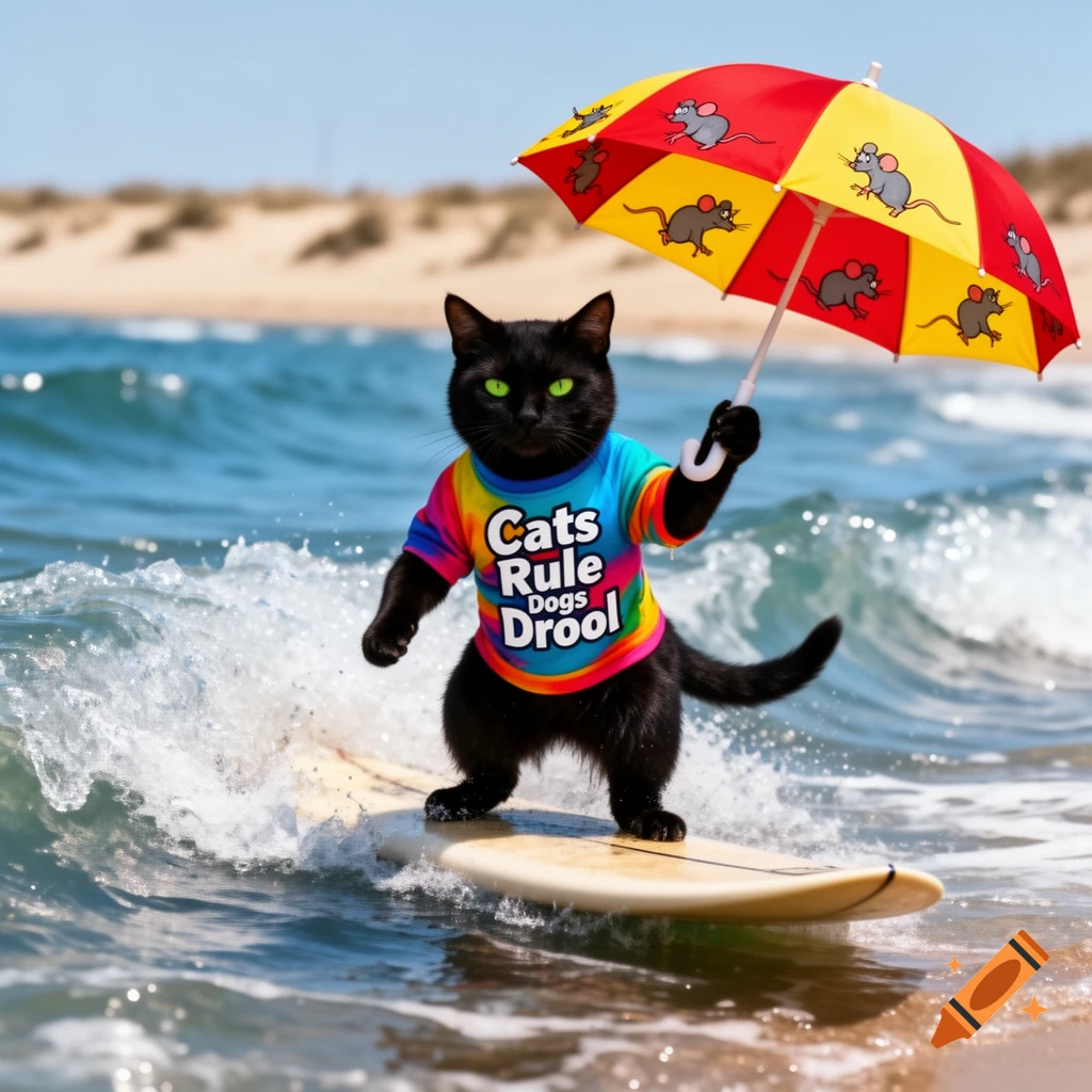 A black cat surfs on a surfboard on ocean waves at a sunny beach, wearing a rainbow 'Cats Rule Dogs Drool' t-shirt and holding a red and yellow mouse-patterned umbrella.