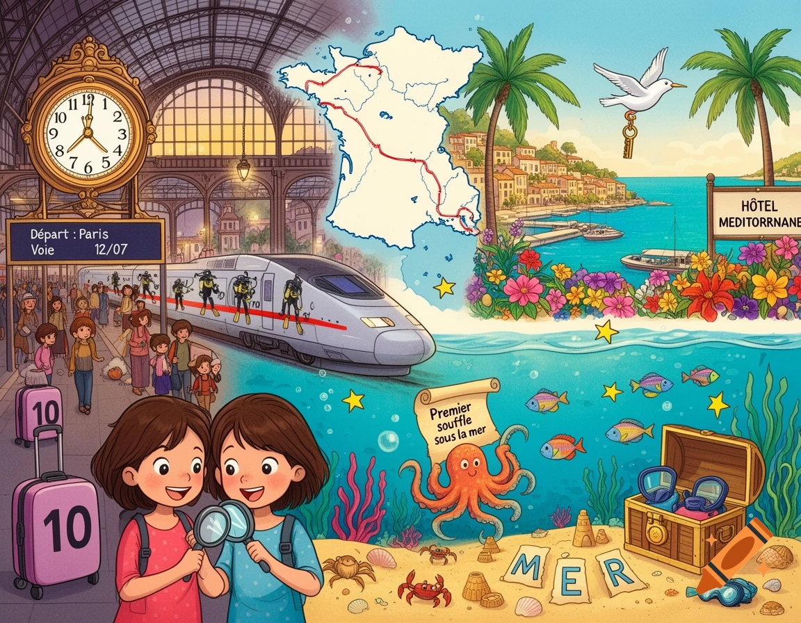Detailed children's illustration of two girls with magnifying glasses, a train station, a map of France, a TGV train, and a sunny Mediterranean beach with underwater scenes.