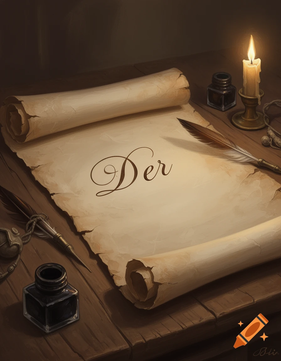 A vintage parchment scroll with "Der" written on it, a quill, inkwell, and a lit candle on a wooden table.