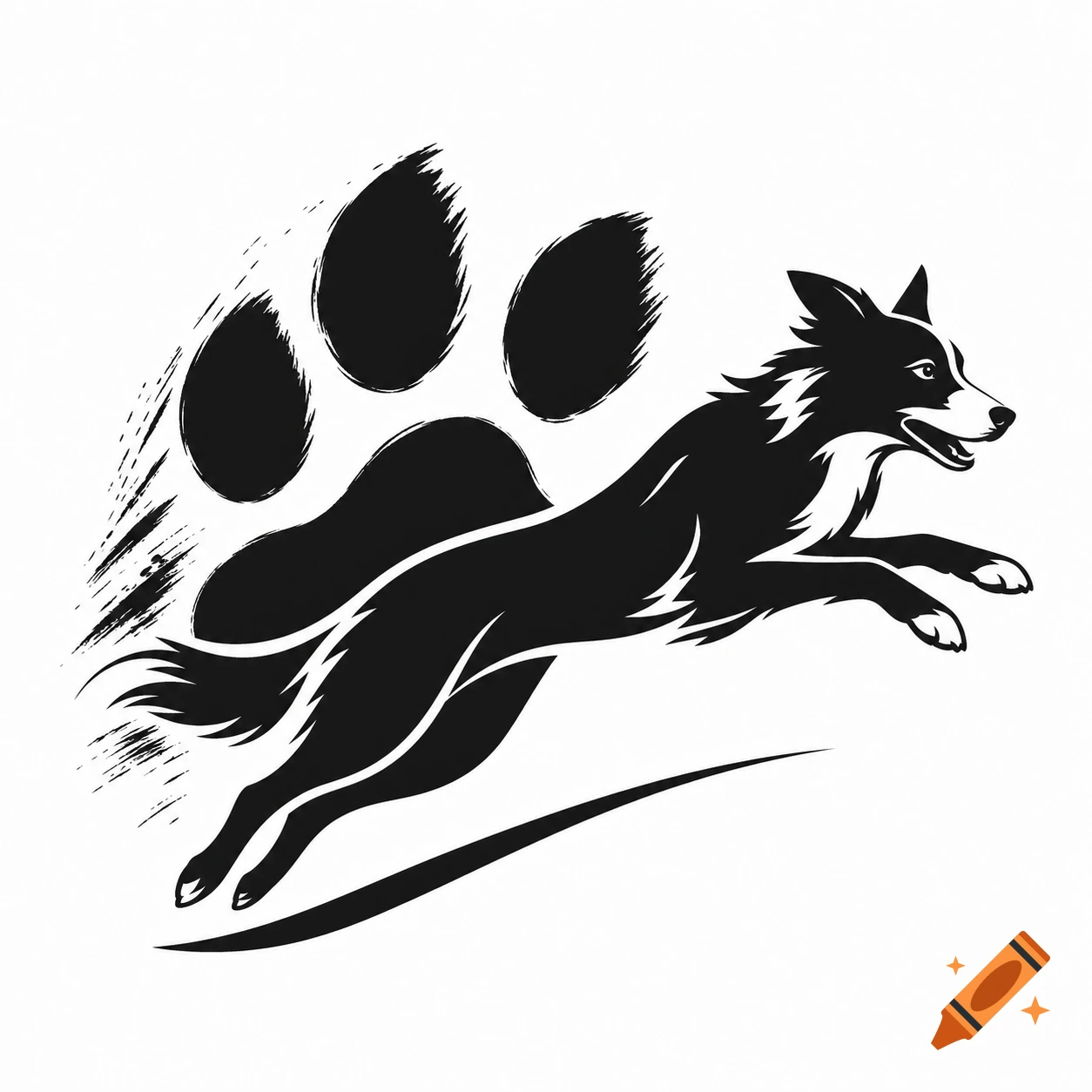 Black and white stylized logo of a jumping dog with a large paw print behind it.