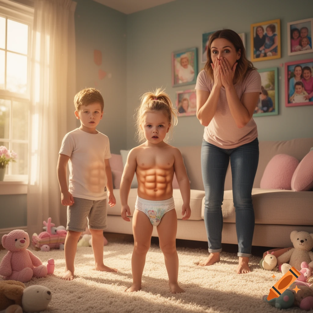 A photorealistic image of a little girl in a diaper and her brother, both with six-packs, standing in a sunlit room as their mother looks on in shock.