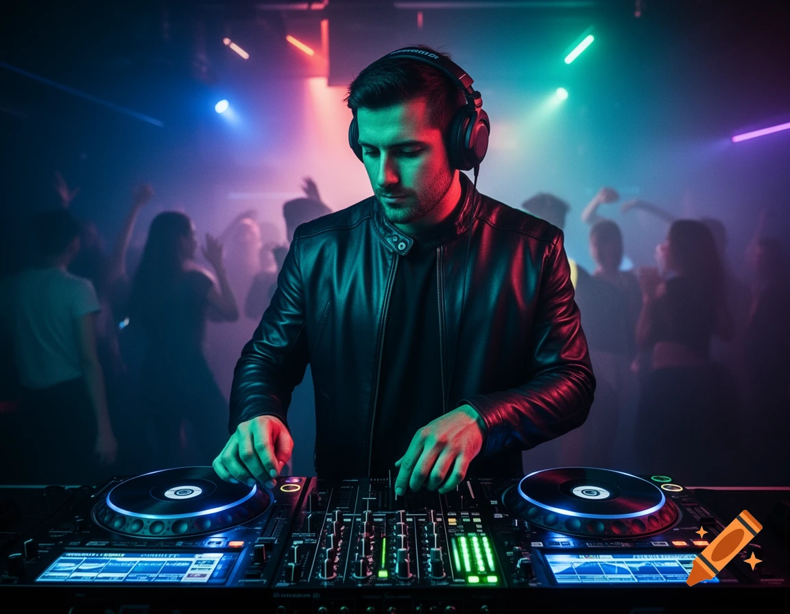 A male DJ in a leather jacket and headphones operates a mixer in a smoky nightclub with vibrant neon lights and blurred dancing figures in the background. Photorealistic style.
