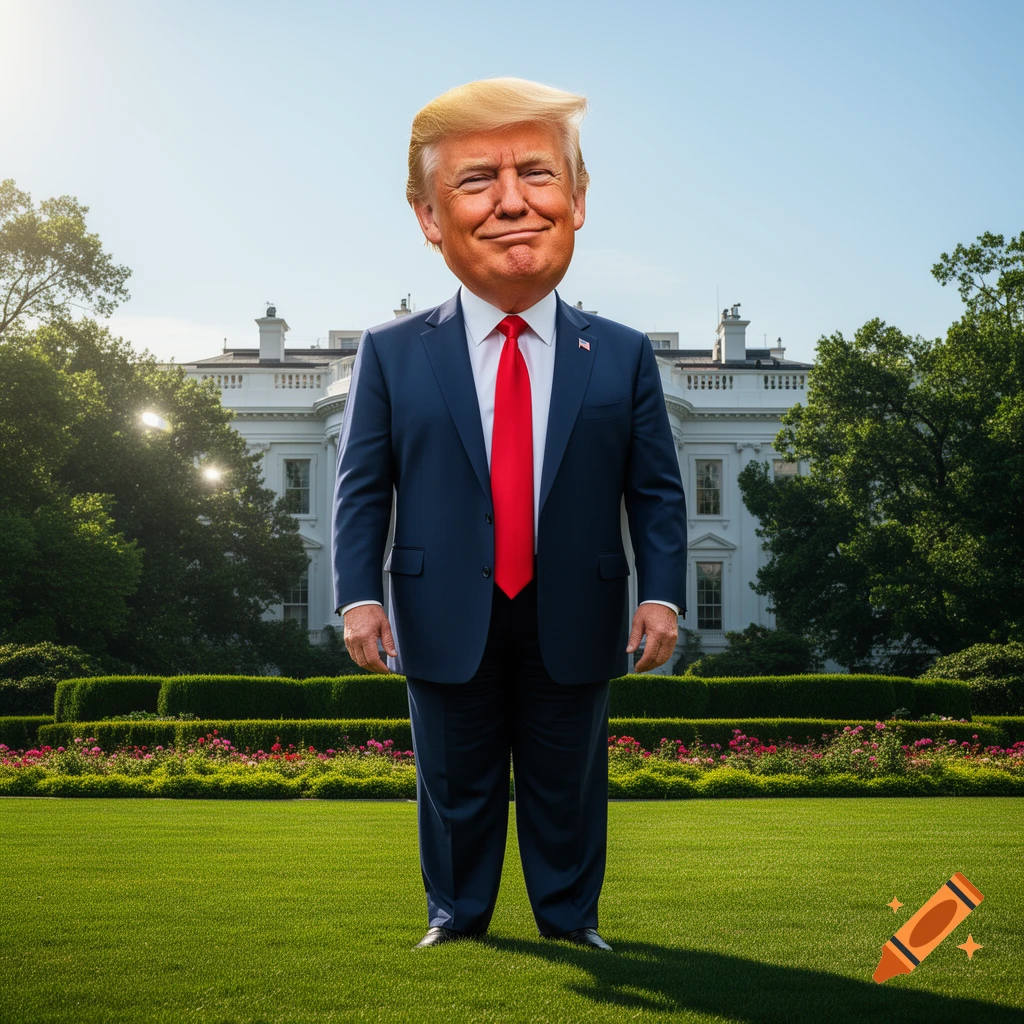 A photorealistic caricature of Donald Trump with a large head, smiling while standing on the White House lawn.