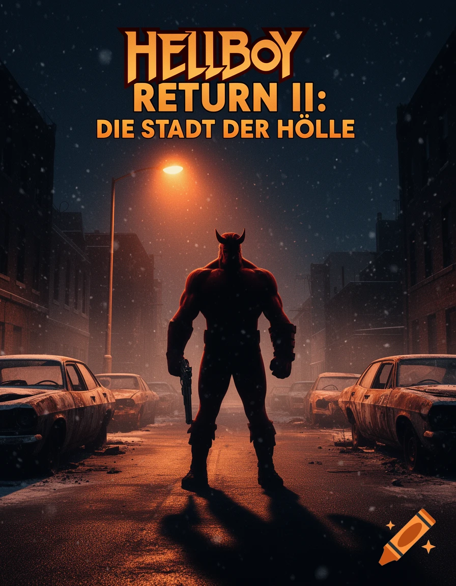 Hellboy stands with a gun in a snowy, abandoned city at night under a streetlamp, with 'HELLBOY RETURN II' poster title.