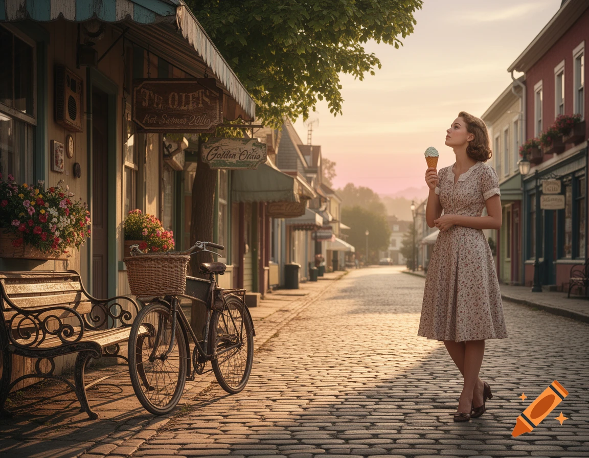 A woman in a floral vintage dress holds an ice cream cone on a cobblestone street lined with old-fashioned shops at sunset.
