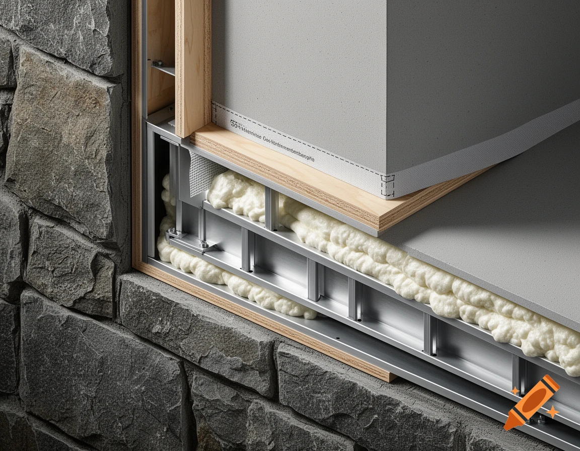 Detailed cross-section of a building wall, revealing stone facade, wood framing, metal studs, spray foam insulation, and membranes.