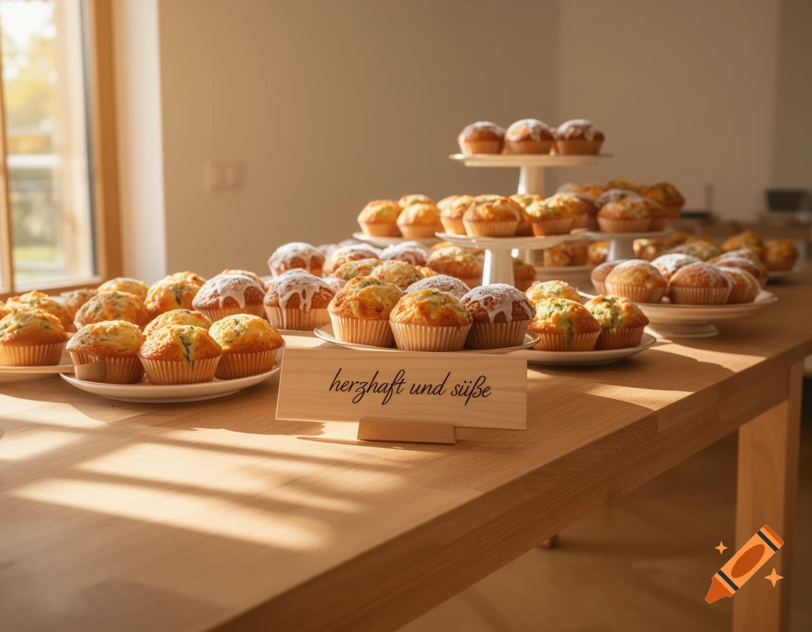 A buffet table laden with plates of savory and sweet muffins, some dusted with powdered sugar, basking in sunlight from a window.