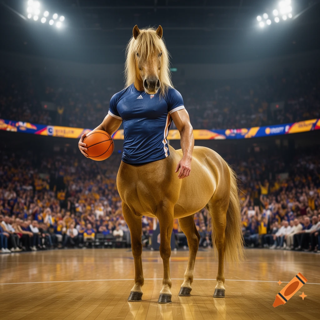 A muscular centaur with a horse's head and a human torso wearing a blue athletic shirt, holding a basketball in a brightly lit stadium full of spectators.