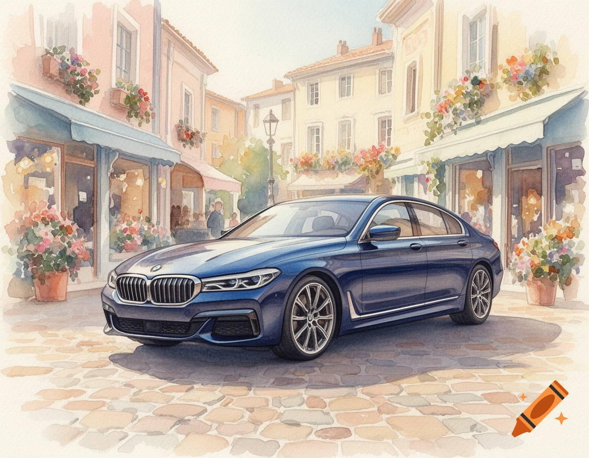 A blue BMW sedan parked on a cobblestone street in a charming watercolor European town.