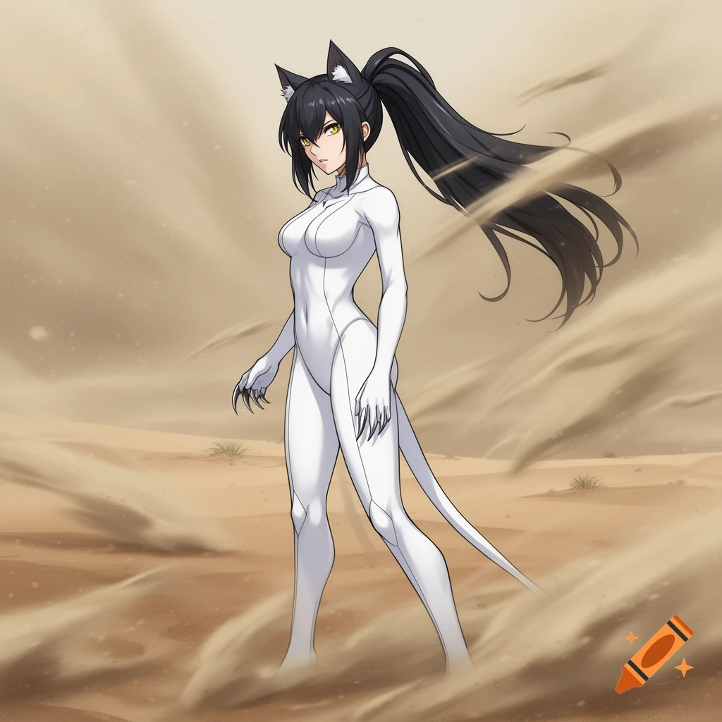 Anime-style woman with cat ears, yellow eyes, and black ponytail, wearing a white full-body suit with claws and a tail, in a desert sandstorm.