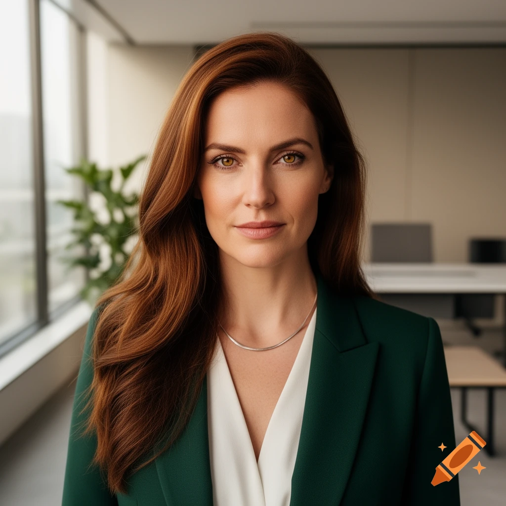 A professional woman with long reddish-brown hair and a dark green blazer smiles subtly in an office setting.