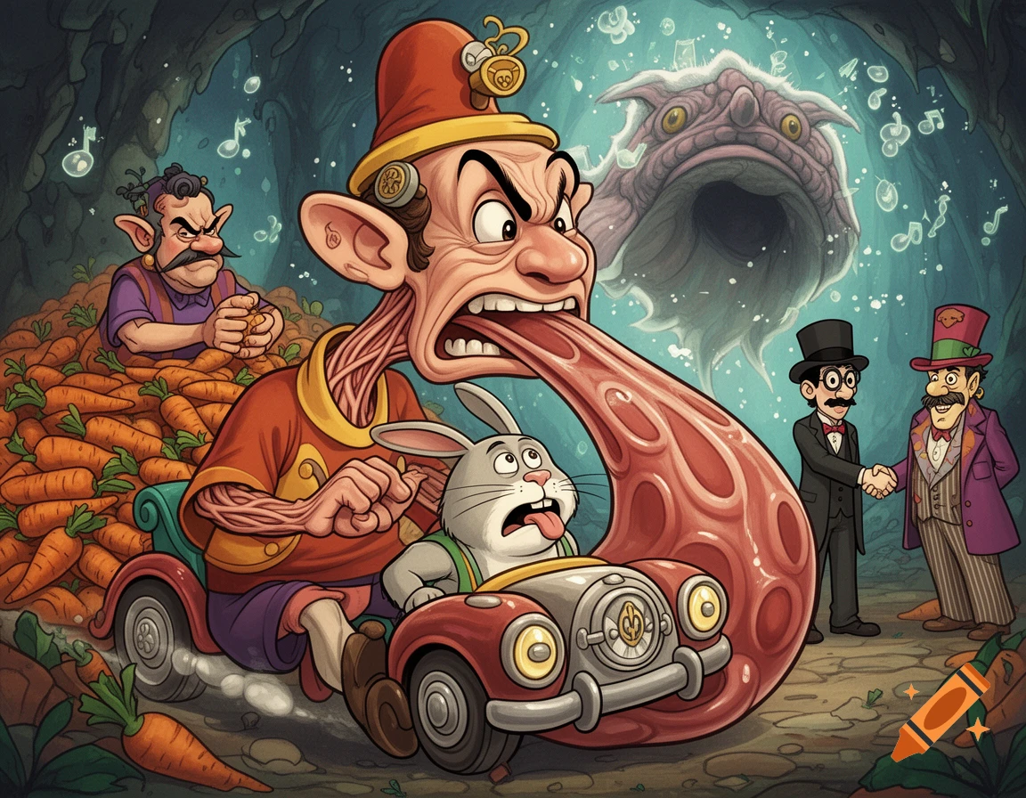 A grotesque cartoon character with a twisted neck and exaggerated veins drives a car with a dazed rabbit, surrounded by carrots. Other characters, including a goblin-like man, men in top hats, and a large sea creature, populate the whimsical scene.