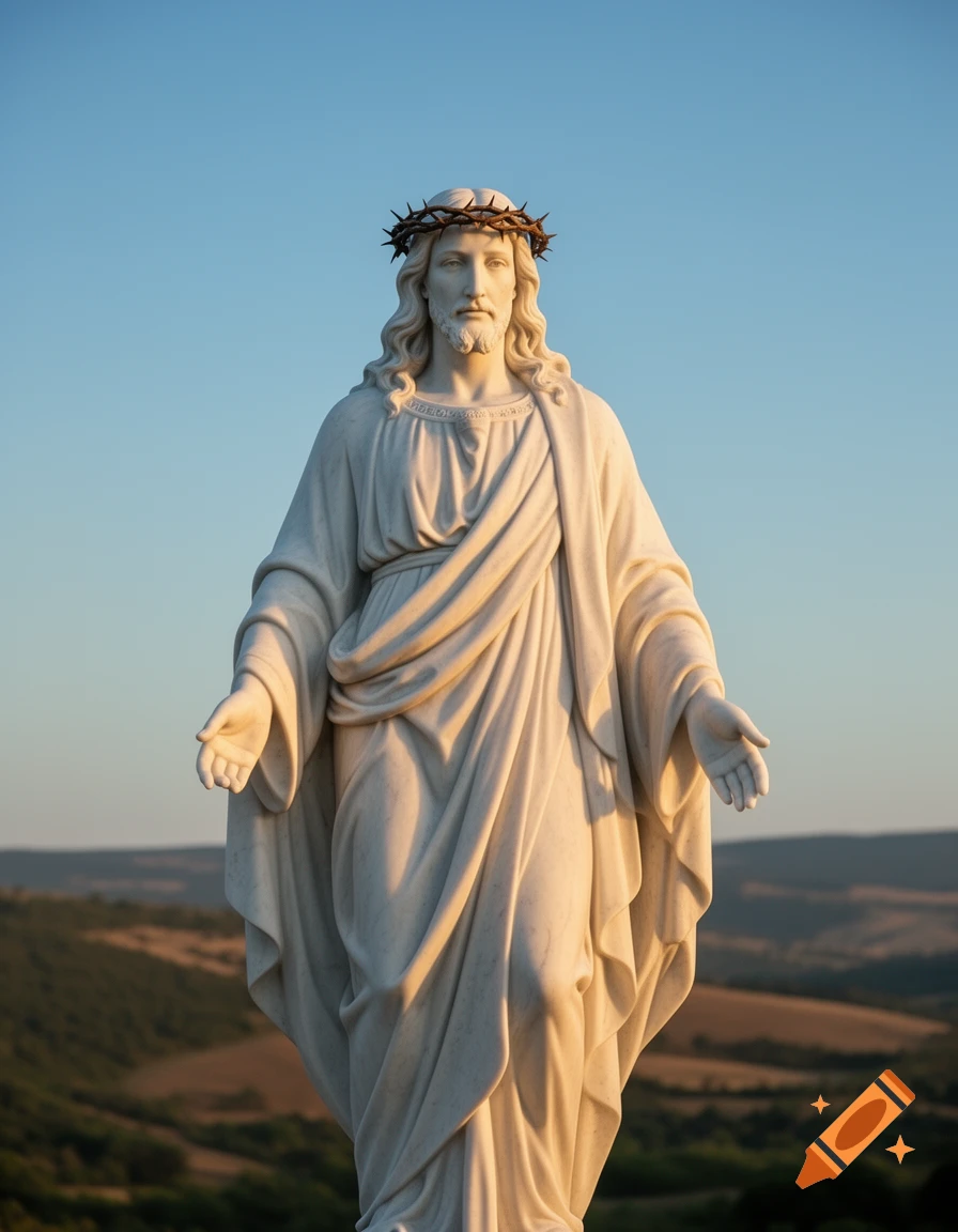 A white marble statue of Jesus Christ wearing a crown of thorns, standing against a clear blue sky and rolling hills at sunset.