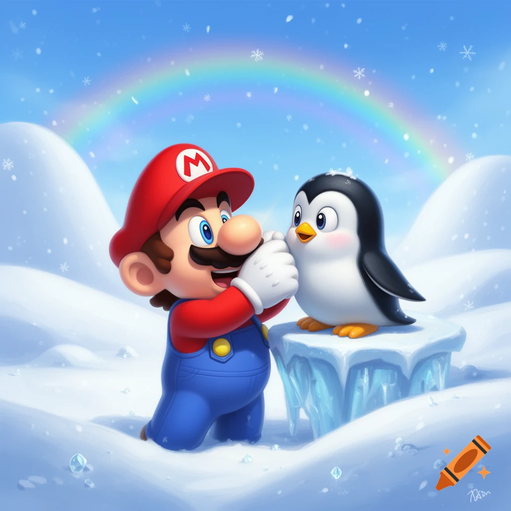 Super Mario in blue overalls and a red cap, kneeling in a snowy landscape, gently touches a cute penguin on an ice block under a rainbow, in a cartoon style.