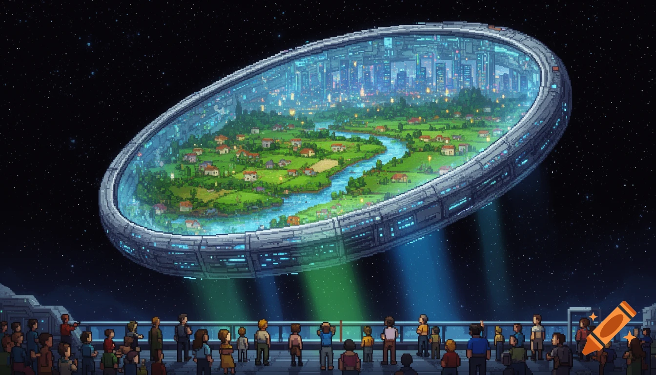 Pixel art of a crowd on an observation deck gazing at a massive cylindrical space station with interior landscapes and city lights, in space.