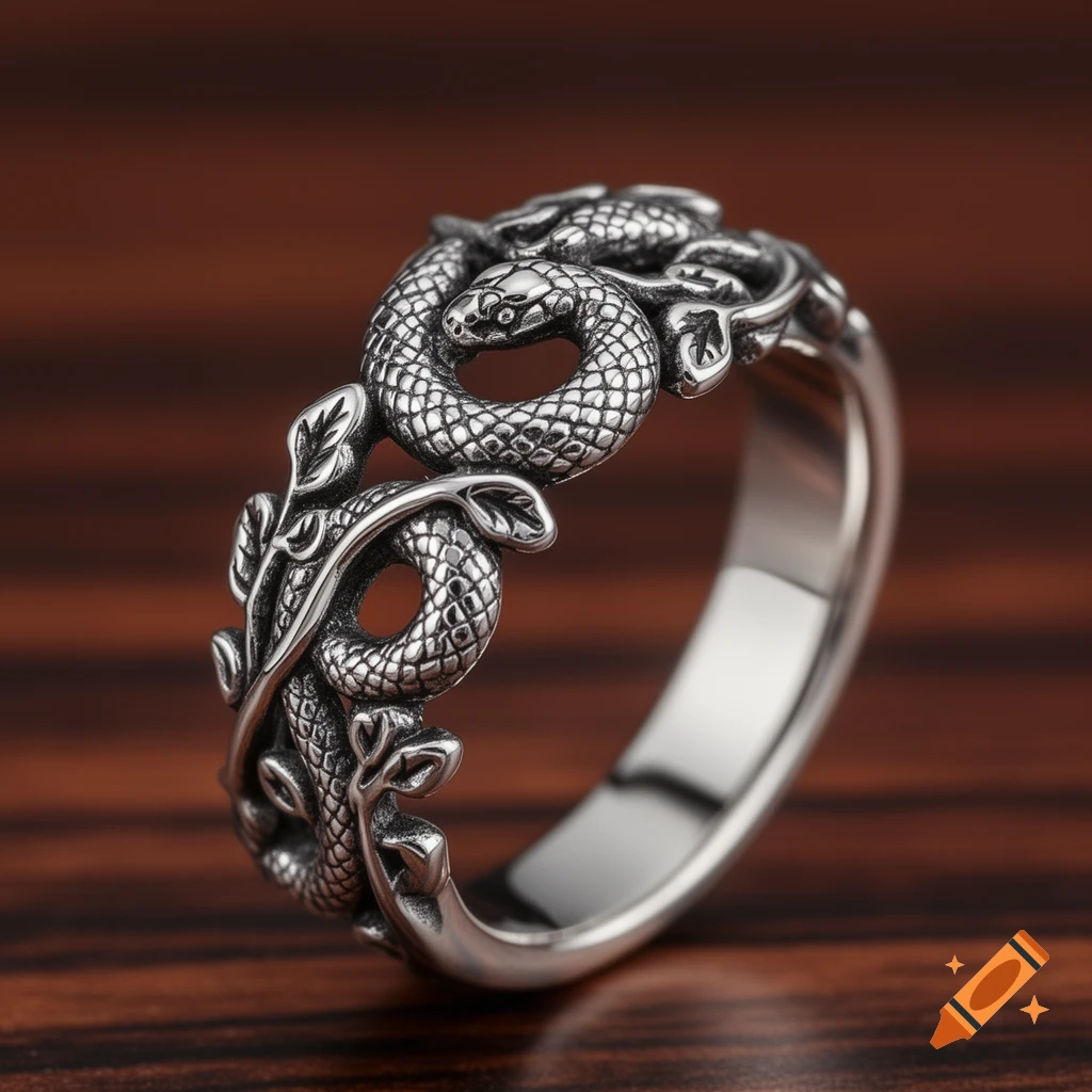 Close-up of a silver ring featuring detailed intertwining snakes and leaves, set against a wooden background.