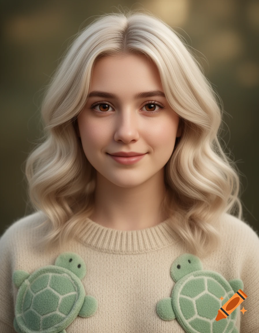 Photorealistic portrait of a smiling young woman with blonde hair, wearing a cream sweater with green plush turtles.