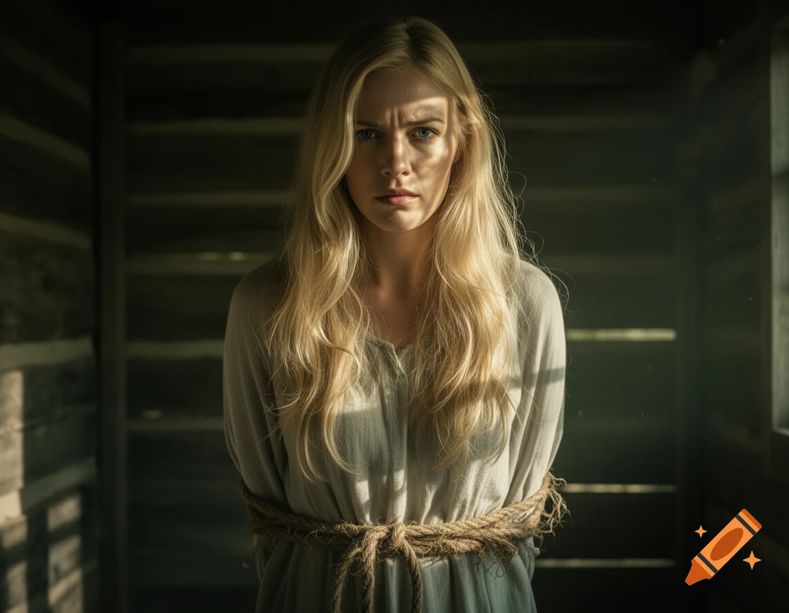Photorealistic portrait of a distressed blonde woman with hands tied behind her back with rope in a dark wooden room.