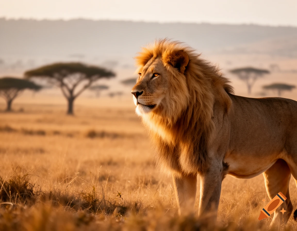 A male lion with a golden mane stands majestically in a sunlit savanna, looking left, with acacia trees in the background.