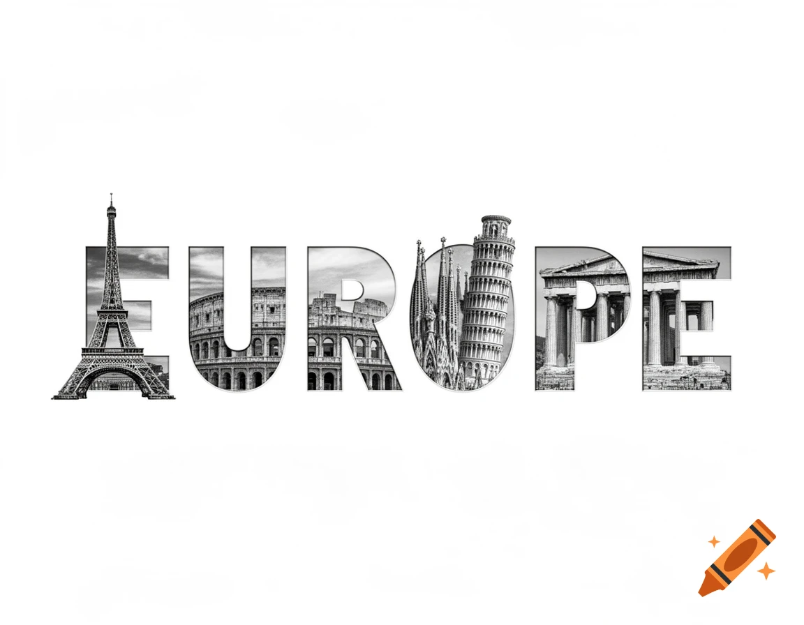 The word "EUROPE" formed by black and white illustrations of famous European landmarks on a white background.