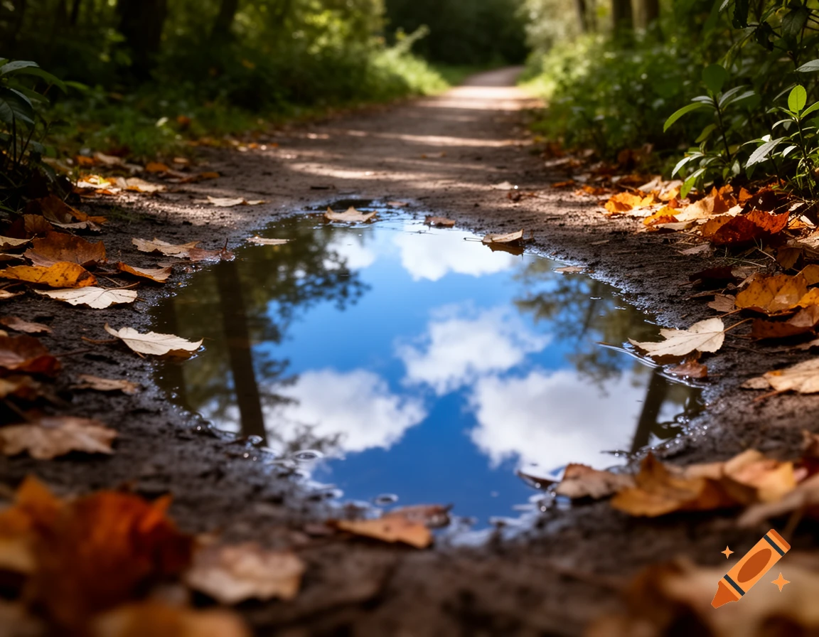 A close-up of a forest path with fallen autumn leaves and a puddle reflecting a cloudy blue sky.