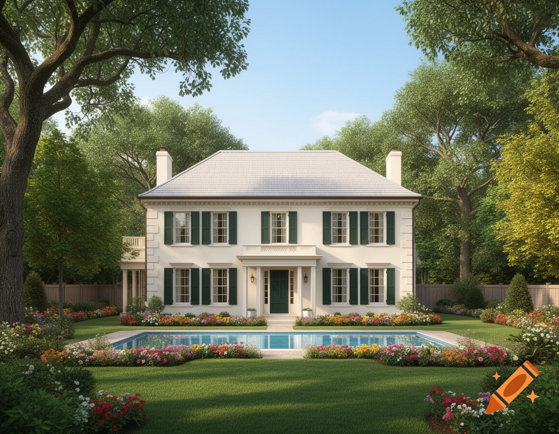 A grand two-story house with green shutters, a swimming pool, and a lush, colorful garden under a blue sky.
