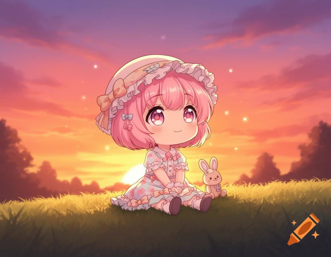 A cute chibi anime girl with pink hair and a bonnet sits next to a small bunny in a grassy field at sunset.