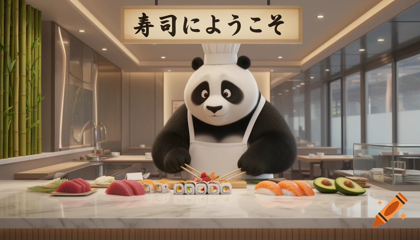 3D cartoon panda chef in a white apron and hat, preparing sushi and sashimi on a marble counter in a modern restaurant.