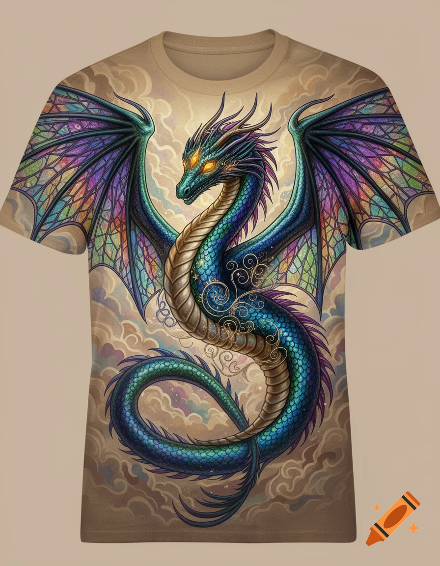 A t-shirt featuring a detailed blue and gold dragon with colorful stained-glass wings against a cloudy background.