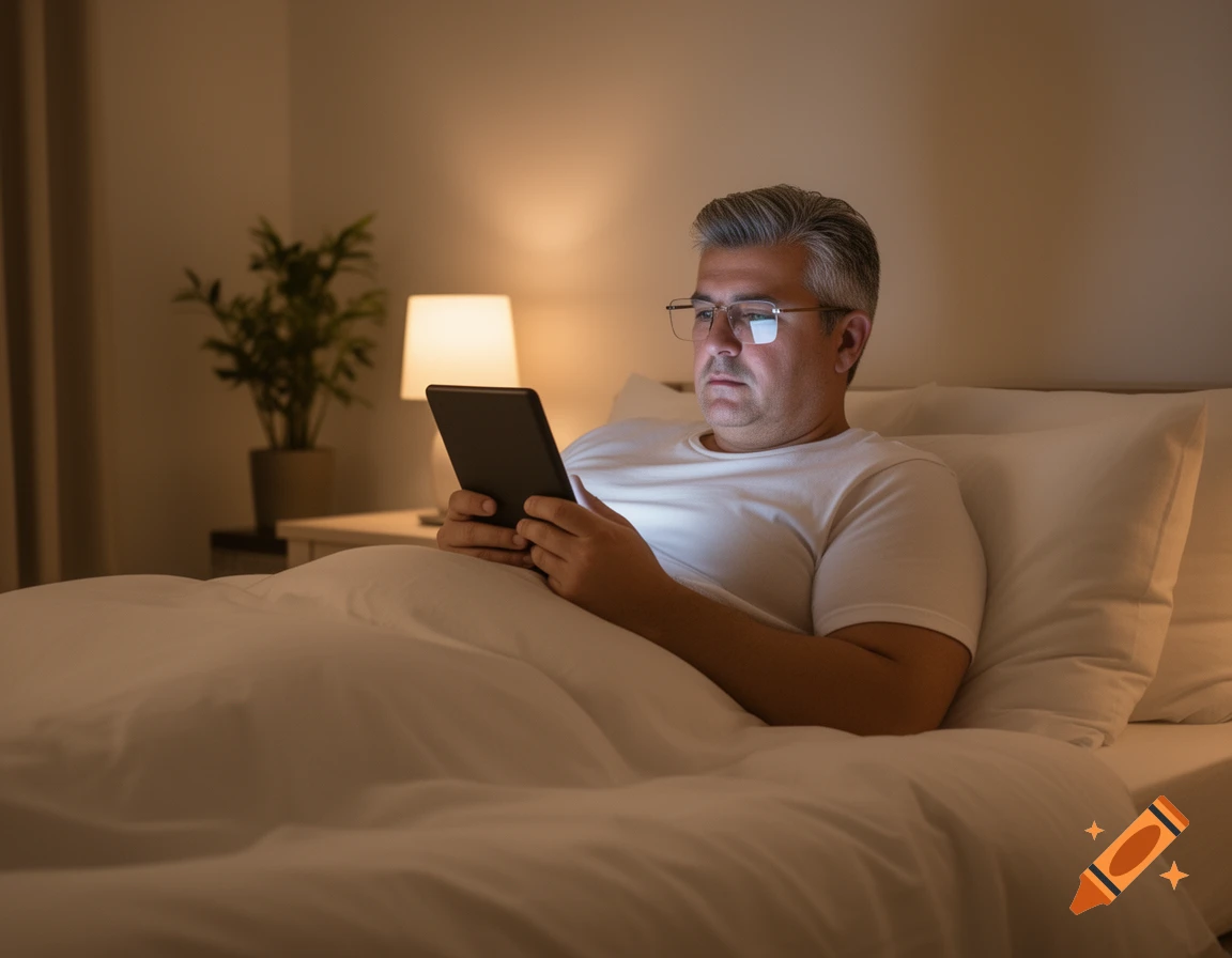 A man in his mid-50s reads an e-reader in bed at night, illuminated by the screen's glow.