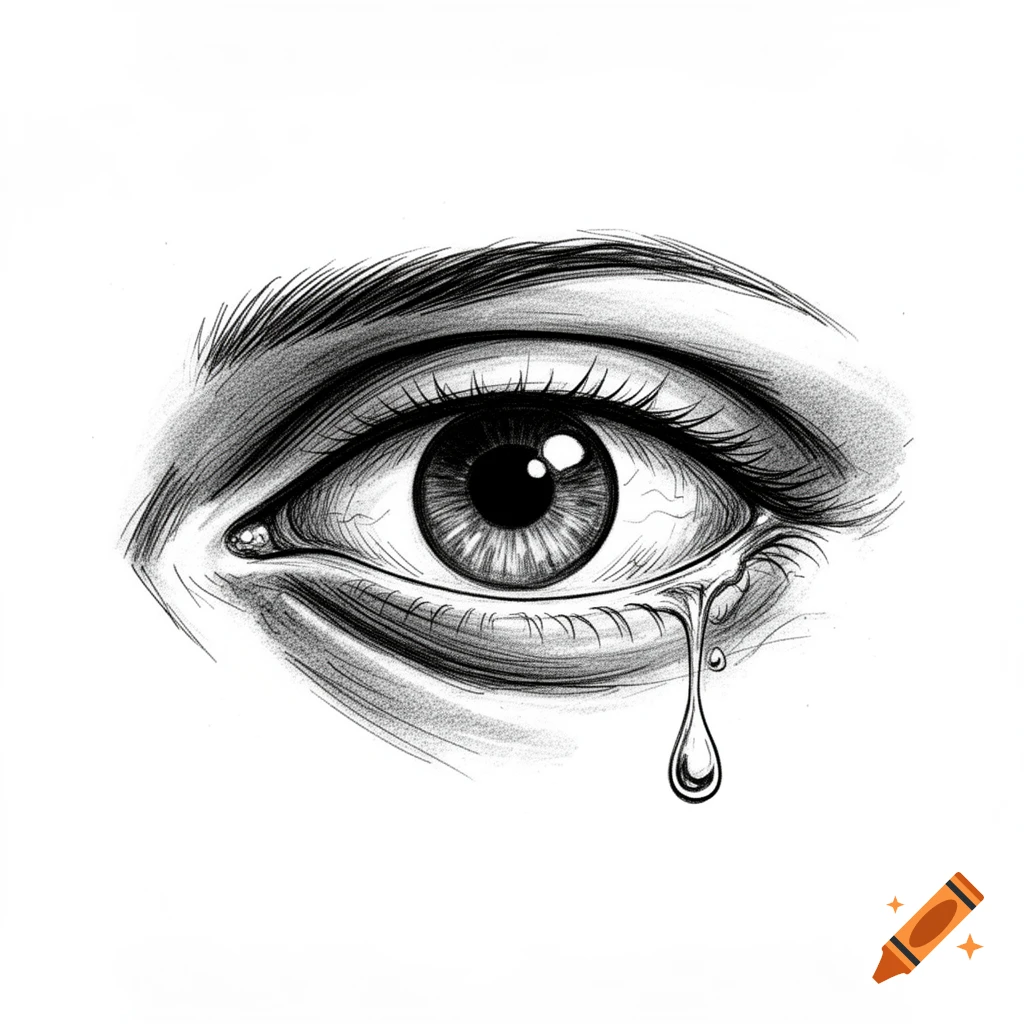 Detailed black and white sketch of a human eye with a tear rolling down its cheek.