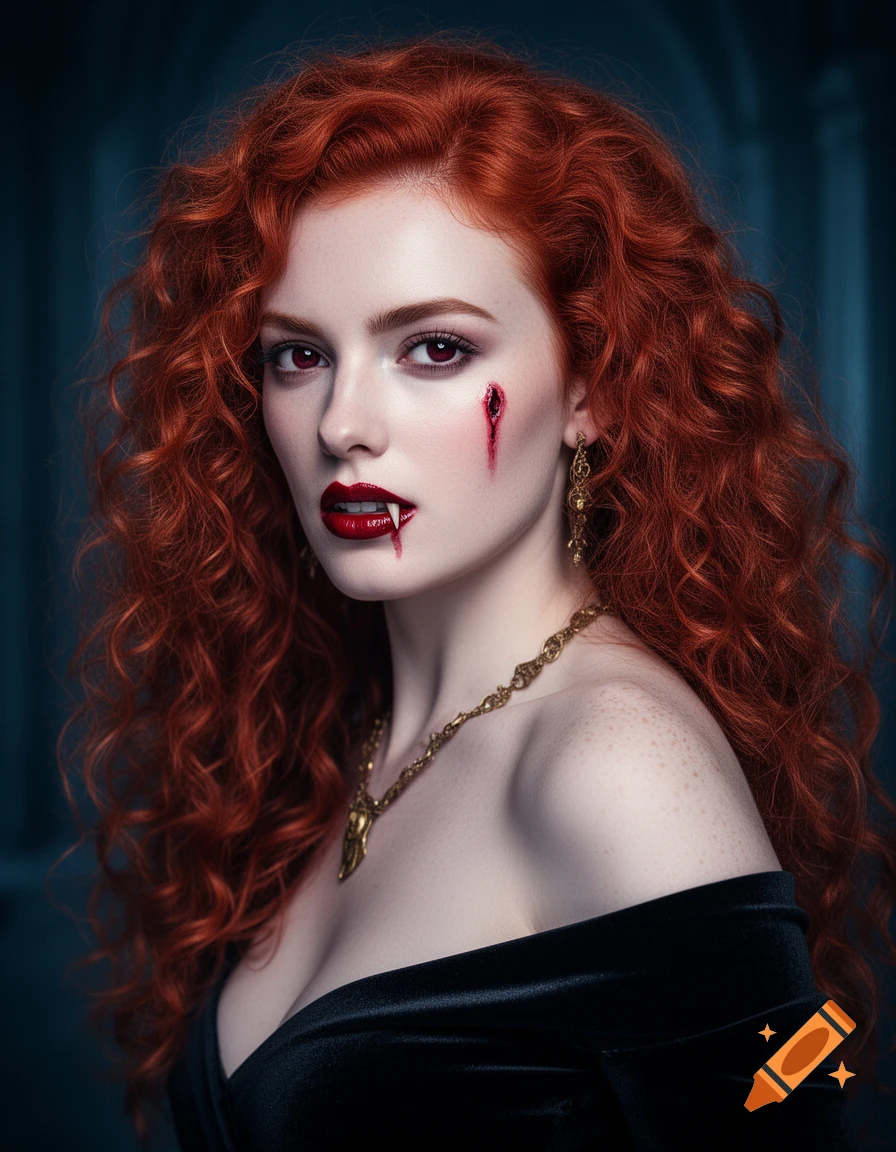 A photorealistic portrait of a female vampire with voluminous red curly hair, deep red lips with fangs, and a bloody bite mark on her cheek, wearing a black off-shoulder top and gold jewelry, against a dark, blurred background.