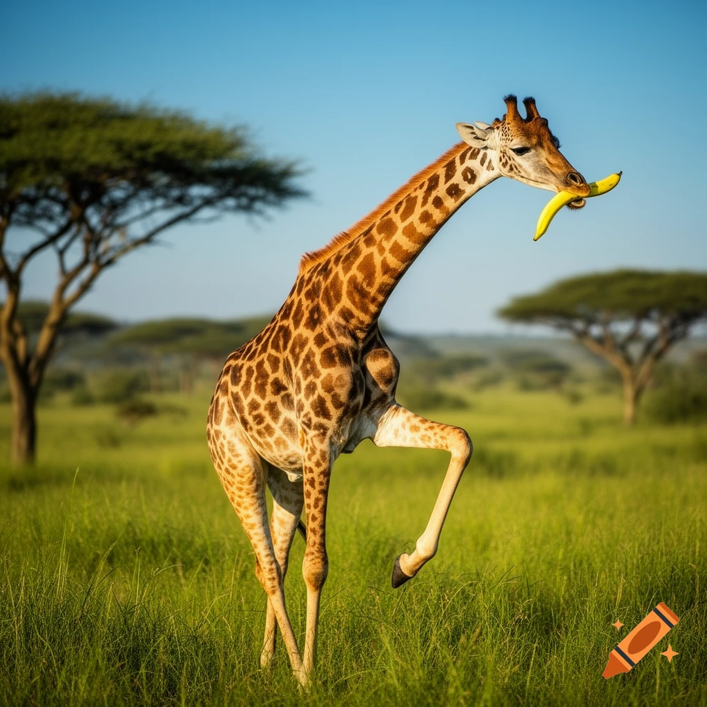 Photorealistic image of a giraffe with a banana in its mouth, lifting one leg as if dancing in a grassy savanna.