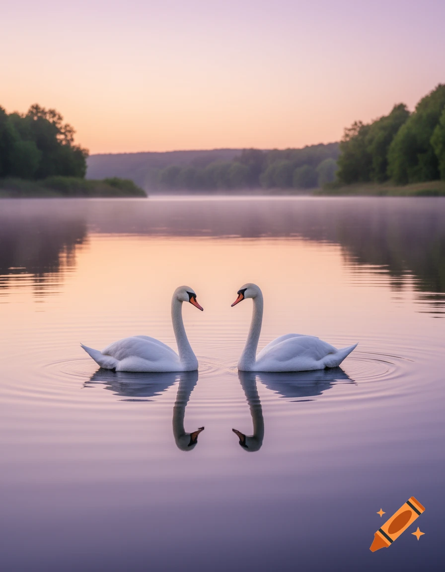 Two white swans face each other on a misty lake at sunrise, surrounded by trees, with their reflections on the water.