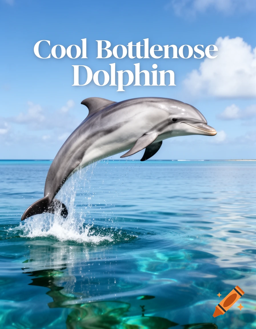 Photorealistic bottlenose dolphin leaping from clear blue ocean water under a sunny sky, with "Cool Bottlenose Dolphin" text.