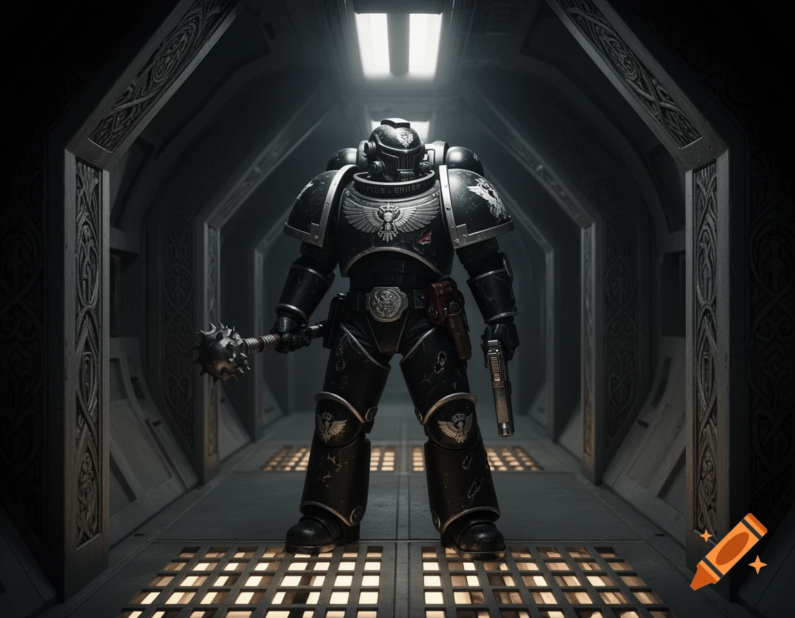 A heavily armored warrior, a Space Marine from Warhammer 40k, stands in a dimly lit, ornate corridor, holding a mace and a pistol.
